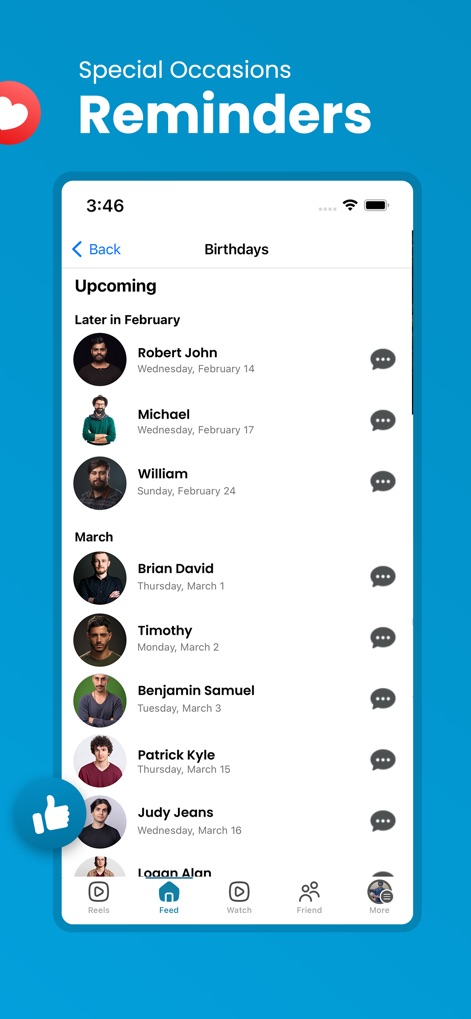 WN Social (Worldnoor) - The app conveniently presents upcoming "Birthdays" for contacts, organized by month and featuring direct chat access icons next to each entry.