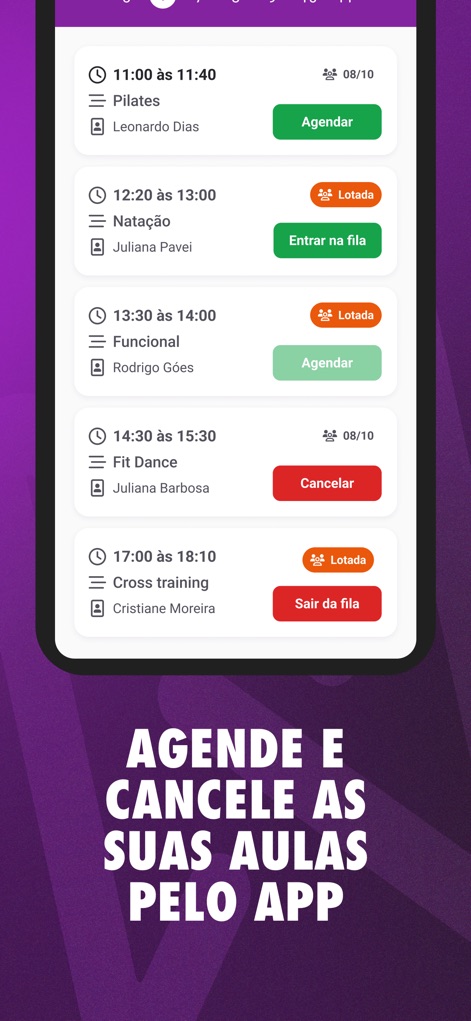 Next Fit - Los usuarios pueden gestionar sus clases eficientemente, viendo la 'disponibilidad de cupos' para actividades como 'Pilates' o 'Natação' y utilizando las 'opciones de agendar o cancelar'.
