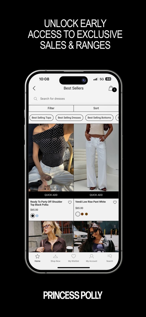 Princess Polly - The app allows users to easily navigate popular styles with "Filter" and "Sort" options, making product discovery efficient with "Quick Add" buttons on each item.