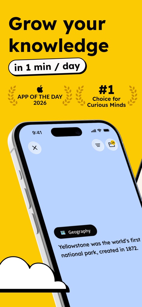 GenK: World General Knowledge - This tool makes learning effortless, showcasing a quick fact card for "Geography" and the compelling "1 min / day" learning commitment.