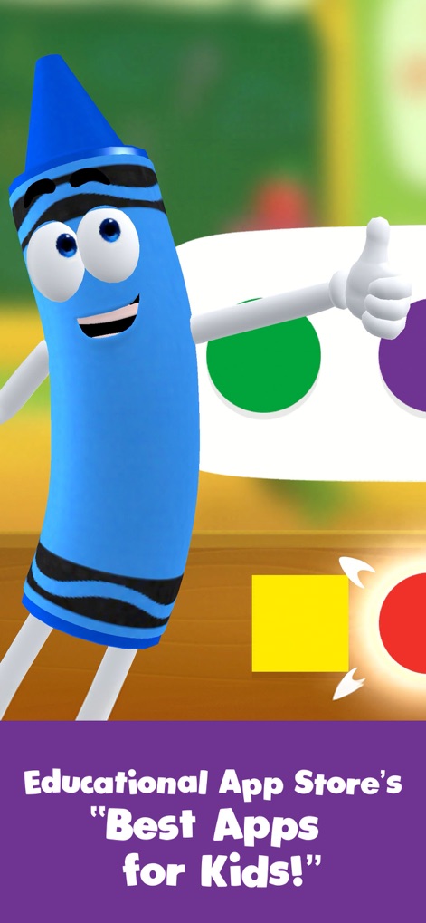Crayola Create and Play: Kids - Meet the cheerful crayon character that guides users through activities, highlighted by interactive color spots for learning recognition.