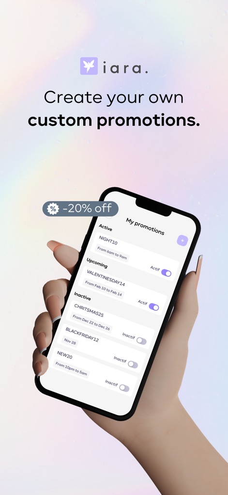 iara. - Profissionais podem criar e gerenciar promoções personalizadas, como "NIGHT10" para descontos noturnos e "VALENTINESDAY14" para datas especiais.