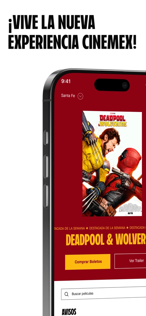 Cinemex - La aplicación exhibe la cartelera con el póster de la película destacada y ofrece la opción de comprar boletos o ver el tráiler.