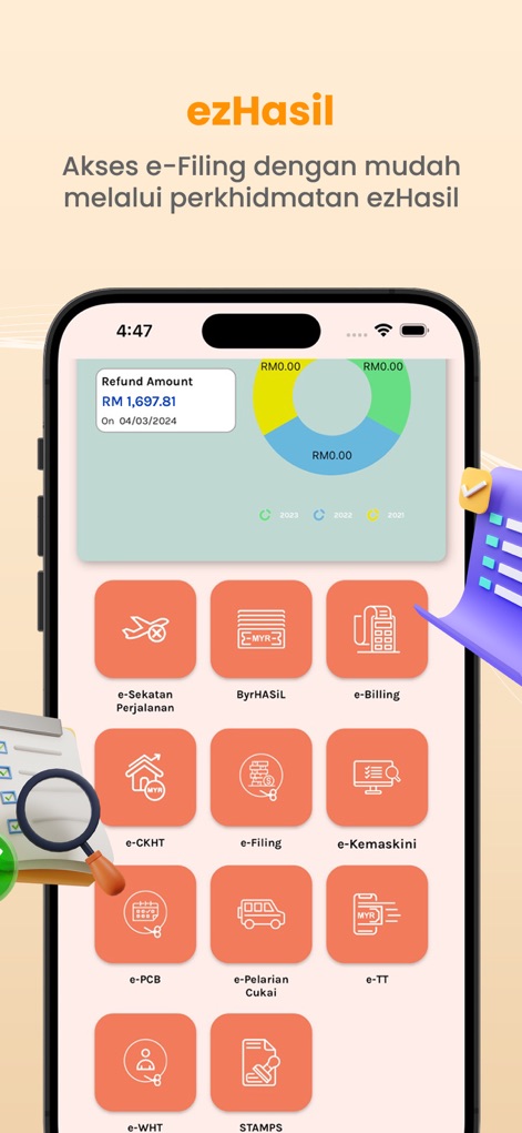 MyTax - Delve into the specialized 'ezHASiL' module, presenting a comprehensive grid of e-services like 'e-Filing' and 'e-Billing', visually supported by a 'Refund Amount' breakdown across multiple years.