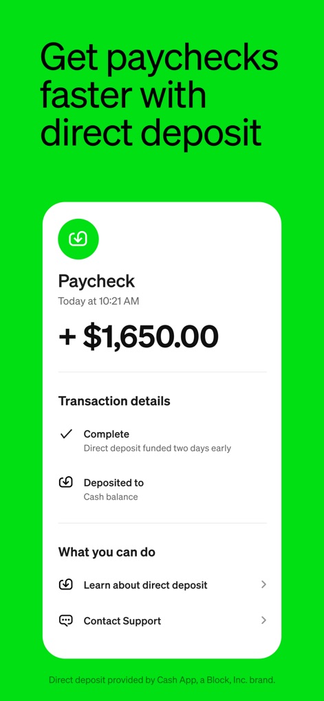 Cash App - 早期受取の通知と入金された給与額が明確に表示され、ユーザーは通常より早く給与を受け取った取引詳細を確認できます。