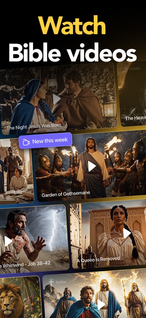 Faithe: Bible Videos & Study - The app offers a rich collection of Bible videos, thoughtfully organized with 'New this week' highlights and easy-to-use play buttons for engaging viewing.