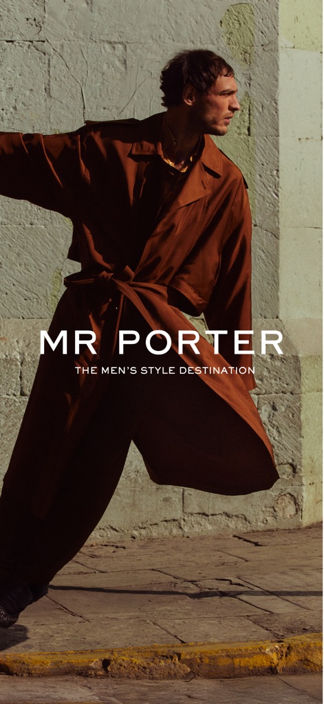 MR PORTER: Shop men’s fashion - This screen presents a compelling full-screen lifestyle image showcasing MR PORTER's aesthetic, reinforced by its distinctive "MR PORTER" branding as "THE MEN'S STYLE DESTINATION."