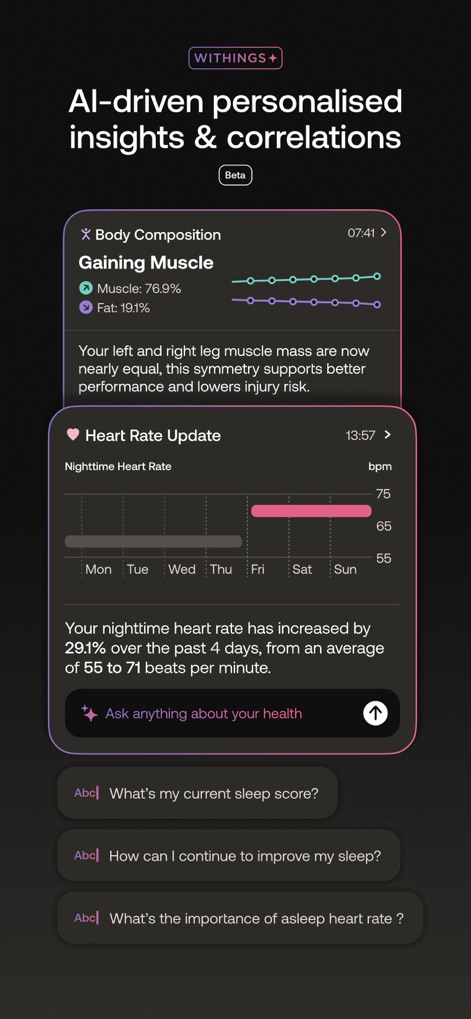 Withings - 体組成の詳細データと夜間の心拍数トレンドがグラフで示されており、AIによる個別化された洞察と質問機能を通じて健康管理をサポートします。