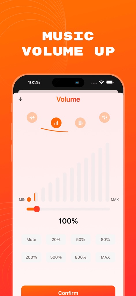 Musiup: Mp3 Music Player EQ - Los usuarios pueden llevar su experiencia auditiva al límite, gracias a la interfaz de control de volumen que muestra el nivel en un gráfico de barras porcentual y ofrece opciones predefinidas para ajustes rápidos.