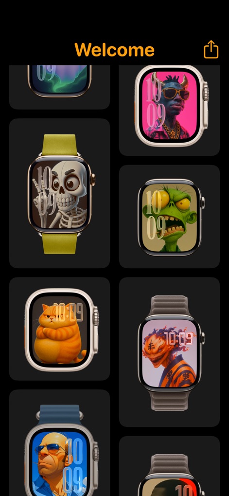 Watch Faces Gallery & Themes - Users can browse a selection of expressive character art and bold abstract patterns, offering unconventional and quirky options for their Apple Watch.