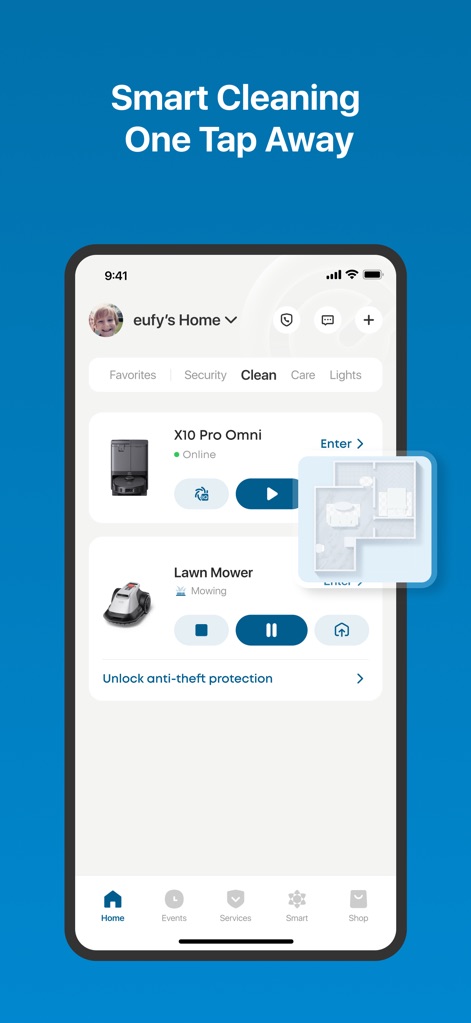 eufy - The app enables intuitive control over cleaning devices, presenting the "X10 Pro Omni" robot vacuum with an interactive map view and direct commands for the "Lawn Mower".