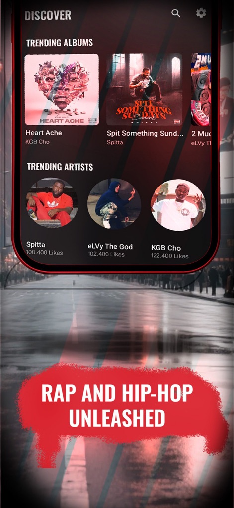 MyMixtapez: Playlists 24/7 - The "Discover" section clearly displays trending albums and features prominent artist profiles, helping users easily navigate and find the hottest new content in hip-hop.