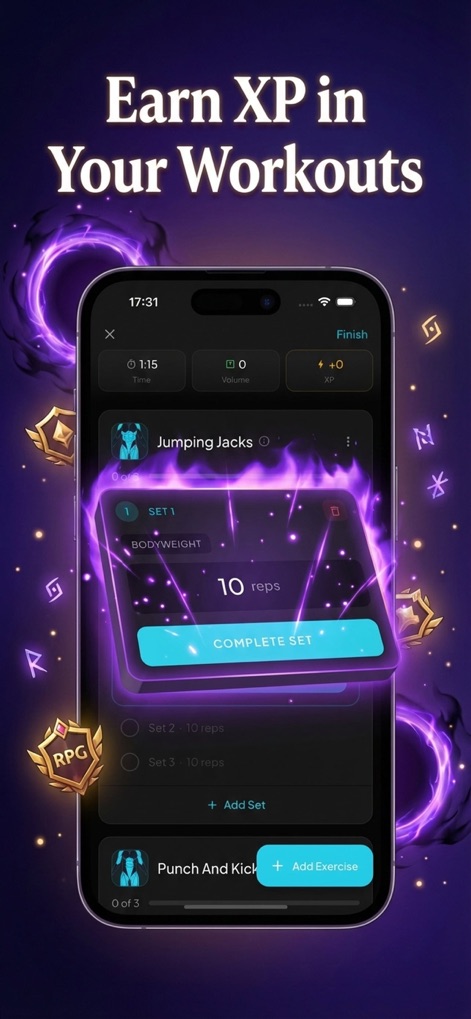 GymLevels: Ranked Gym Workouts - See how the app tracks individual sets and reps, immediately rewarding users with XP upon completion of exercises like 'Jumping Jacks'.