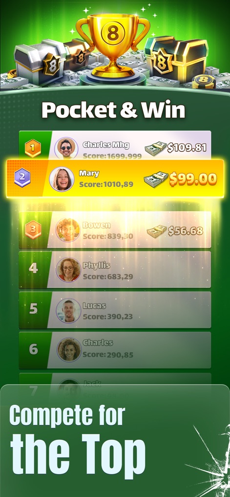 8 Ball Strike: Win Real Cash - The app presents a dynamic leaderboard where users compete for top positions and clearly displays associated cash prizes for high-ranking players.