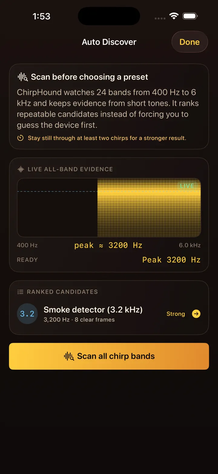 ChirpHound iPhone 6.7" screenshot 2: Times repeating beeps so you can find the beeping device.