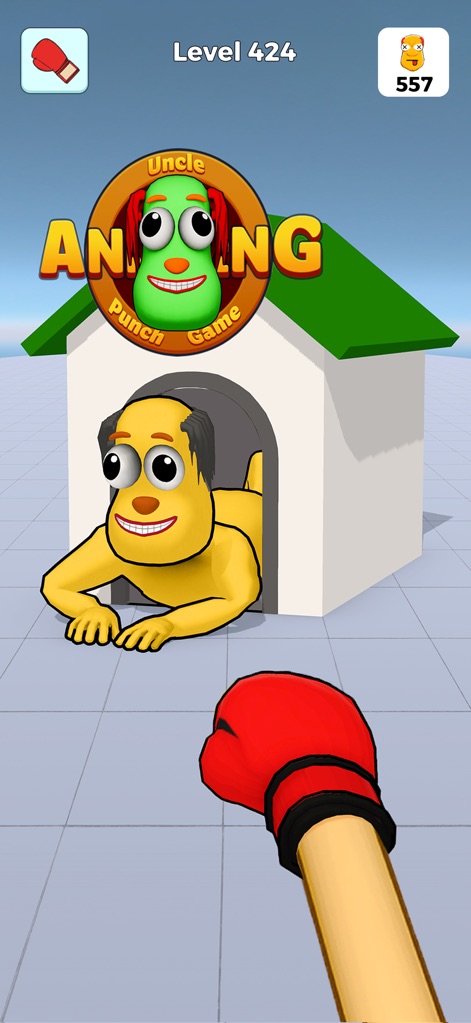 Annoying Uncle Punch Game - O personagem emerge de uma casinha de cachorro, sorrindo e o logo do jogo 'Annoying Uncle Punch Game' em destaque, sugerindo situações hilárias no Nível 424.