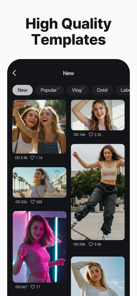 KineMaster - Video Editor - The app offers thousands of high-quality templates, categorized by themes like "Vlog" and "Popular," to jumpstart creative video projects.