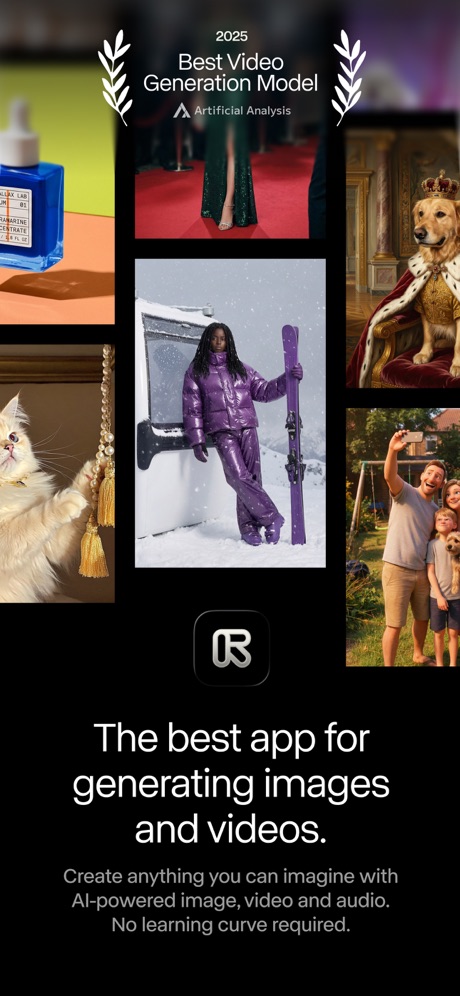 Runway: AI Image & Video App Store screenshot 1, headline “The best app for generating images and videos.”. No phone, bare screen.