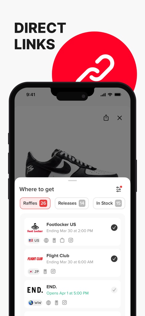 Sneakers Drops: Release＋Raffle - Cet outil offre des liens directs vers les sources d'achat, regroupant les options par raffles, sorties et disponibilités immédiates auprès de détaillants fiables.