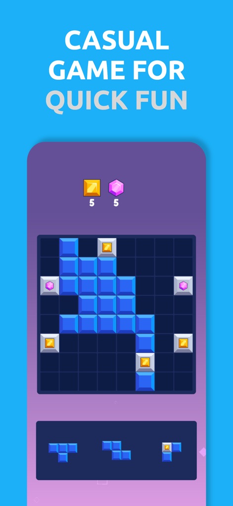 Block Legends Puzzle - L'application offre une jouabilité décontractée pour des sessions courtes et amusantes, avec des défis basés sur la disposition de diverses formes de blocs et la collecte de gemmes hexagonales et carrées.