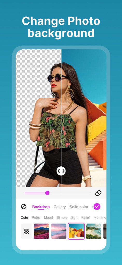 Collage Maker - Photos Editor - 사용자는 이미지의 배경을 손쉽게 변경할 수 있으며, 기존 배경을 제거하거나 'Backdrop' 및 'Gallery' 옵션을 통해 새로운 배경을 적용할 수 있습니다.