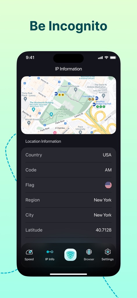 VPN FREE Super Unlimited Proxy - The app confirms user anonymity by displaying detailed IP information, including the simulated country and city, alongside a visual map representation of the new location.