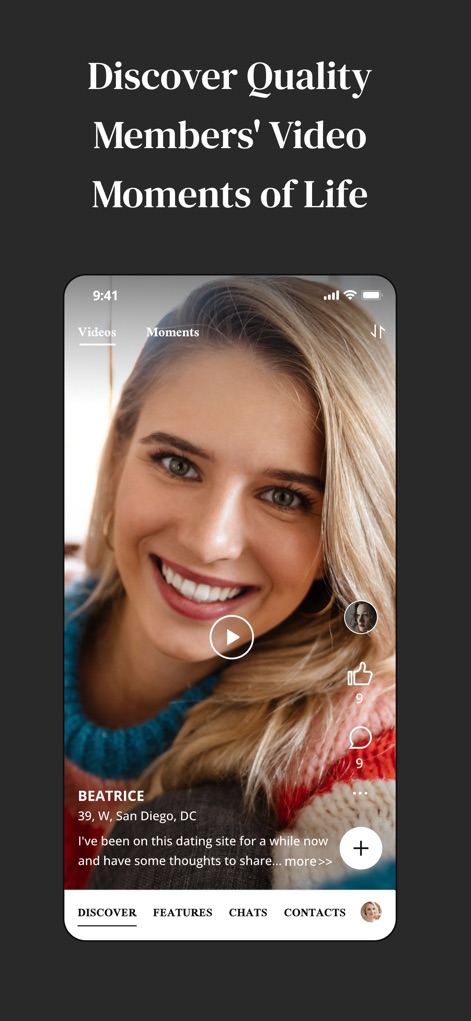 MM: Elite Premium Dating App - Discover engaging user-generated content through the app's integrated video player and navigate easily between "Videos" and "Moments" tabs.