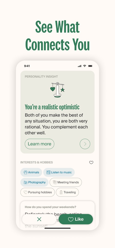 eharmony: dating & real love - The app delves into deeper connections through detailed 'Personality Insight' reports and a clear display of shared 'Interests & Hobbies', providing a comprehensive view of compatibility.