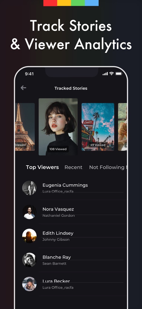 Reports Unfollowers Followers+ - Dieses Tool zeigt Story-Previews inklusive der 'Viewed'-Anzahl und präsentiert eine Liste der 'Top Viewers', um das Publikum besser zu verstehen.