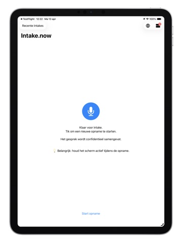 Intake.now iPad screenshot