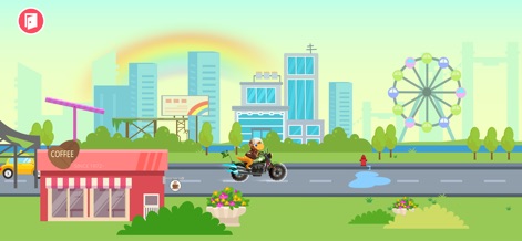 Dirt Bike Games Kids - 이 스크린샷은 활기찬 도시를 배경으로 한 경주를 보여줍니다. 사용자는 높이 솟은 고층 빌딩과 멀리 보이는 대관람차를 감상하며 주행을 즐길 수 있습니다.