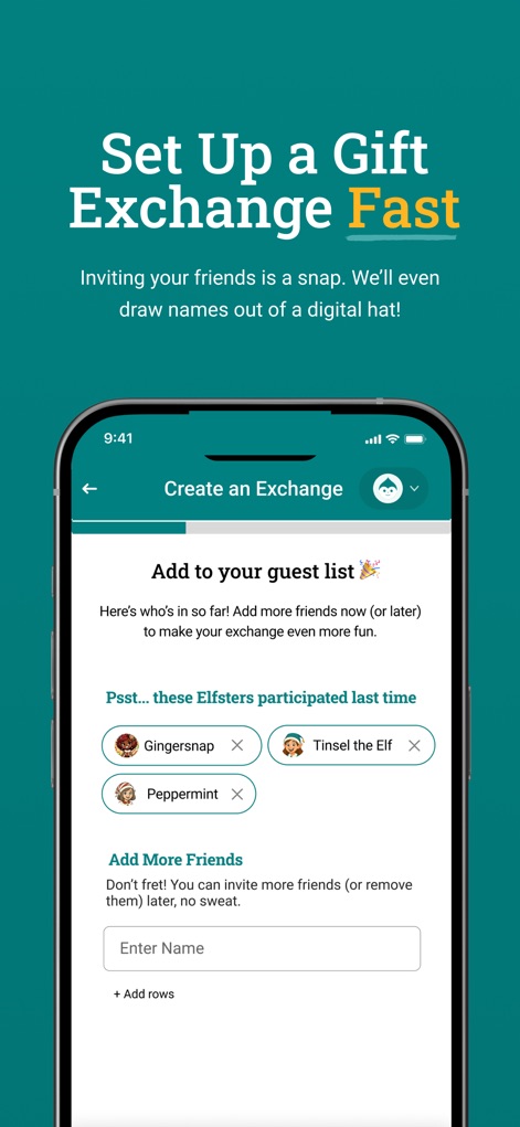 Elfster: The Secret Santa App - This tool simplifies event setup, allowing users to easily "Add to your guest list" by entering names and managing existing participants like "Gingersnap" and "Tinsel the Elf".