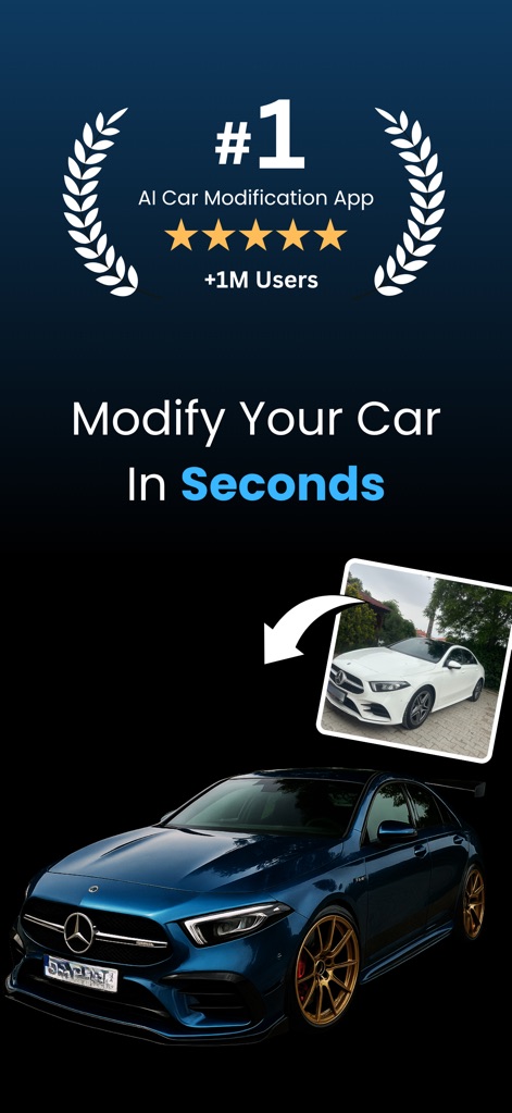 Mody : AI Car Modifications - This app proudly displays its top-ranked status, highlighted by its "1M+ Users" accolade, and visually illustrates the "before & after" transformation of a vehicle from its original form to a custom design.