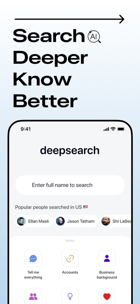 Deepsearch AI Search Assistant - The app's intuitive interface features a prominent search bar and highlights popular search queries for quick access.