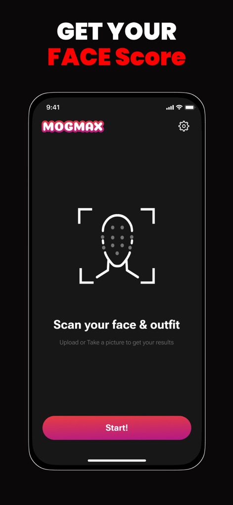 MogMax AI - LooksMax AI Rating - Les utilisateurs peuvent lancer une analyse rapide de leur visage et de leur tenue en téléchargeant une photo ou en en prenant une, grâce à l'icône de balayage du visage et le bouton "Start" clair.