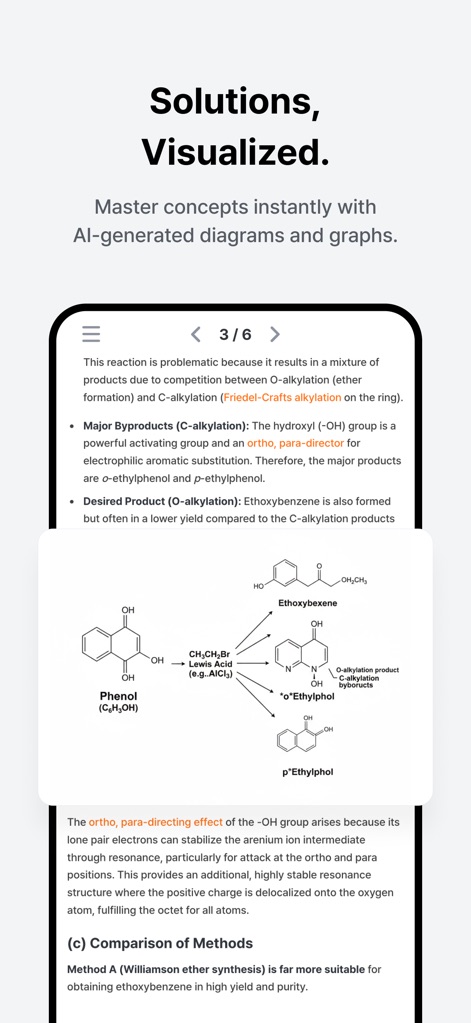 GPAI: AI STEM Copilot - Die App generiert visuelle Erklärungen für komplexe Zusammenhänge, erkennbar an dem detaillierten Diagramm einer 'chemischen Reaktion' mit Pfeilen, die Reaktionswege und Produkte wie 'Ethoxibenzene' aufzeigen.