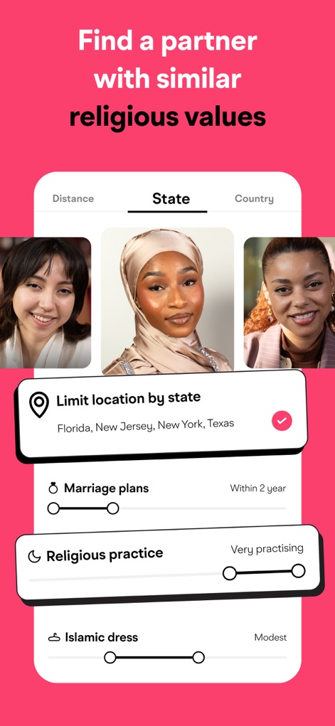 Muzz: Where Muslims Marry - La piattaforma consente di filtrare i potenziali partner in base a "Religious practice" (pratica religiosa) e "Marriage plans" (intenzioni di matrimonio), assicurando compatibilità sui valori fondamentali.