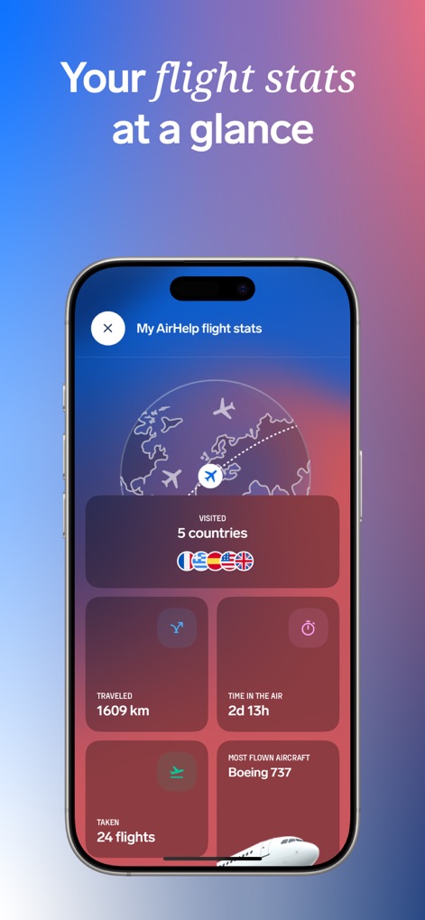 AirHelp・Flight Tracker - La aplicación proporciona un "resumen detallado de la experiencia de viaje", incluyendo el "número de vuelos realizados" y la distancia total volada.