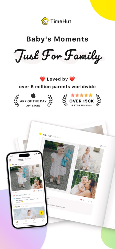 TimeHut - Baby Album - Discover how the app fosters a community feel through its intuitive 'Timeline' view and engaging 'comments and likes' section.