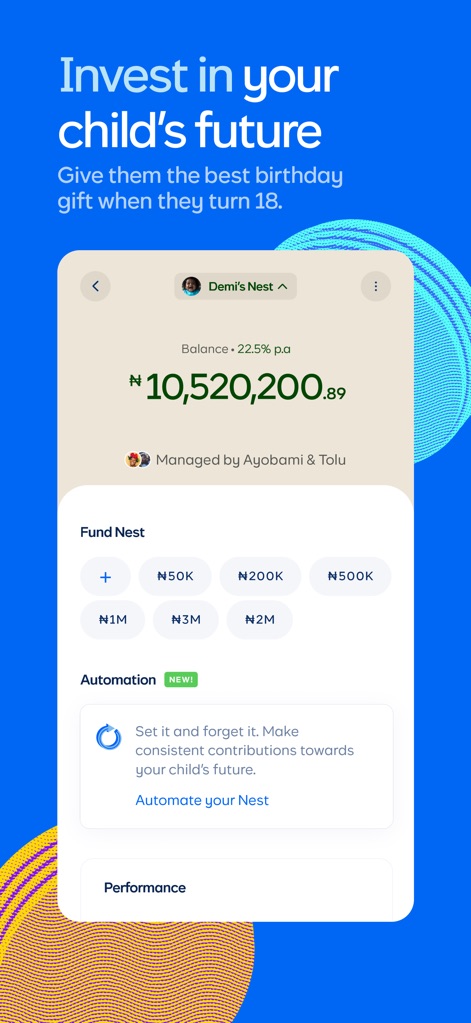 Cowrywise: Save & Invest Money - 本ツールは、子供の未来のためのファンドの現在の残高と高い年間利回りを表示し、ユーザーは共同管理者と共に資金を管理できます。