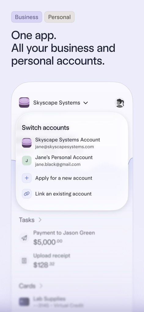 Mercury | Bank Differently - This tool allows users to manage multiple financial entities, with easy "Business and Personal toggles" and a clear "Switch accounts" menu for efficient navigation between accounts.