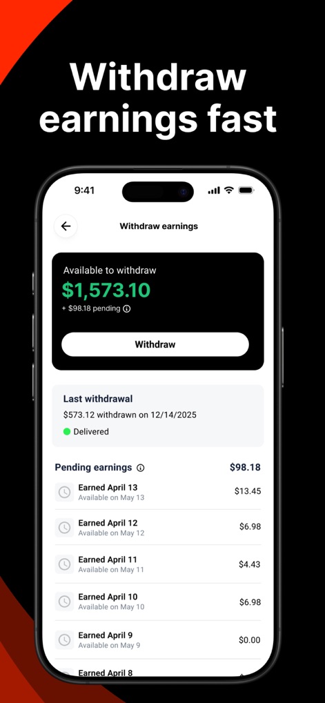 Noise - Make Money Posting - The app provides a clear 'Available to withdraw' balance for immediate access to funds and a transparent breakdown of 'Pending earnings' with specific dates.