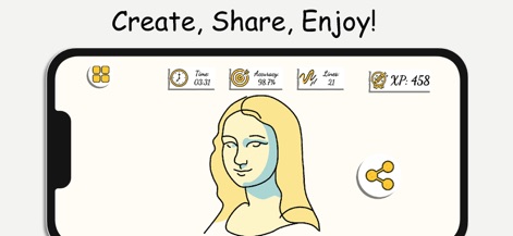 ArtLoop: How To Draw Lessons - The app encourages sharing completed artworks, displaying key stats like 'Accuracy' and 'XP' to celebrate users' progress and creativity with friends.