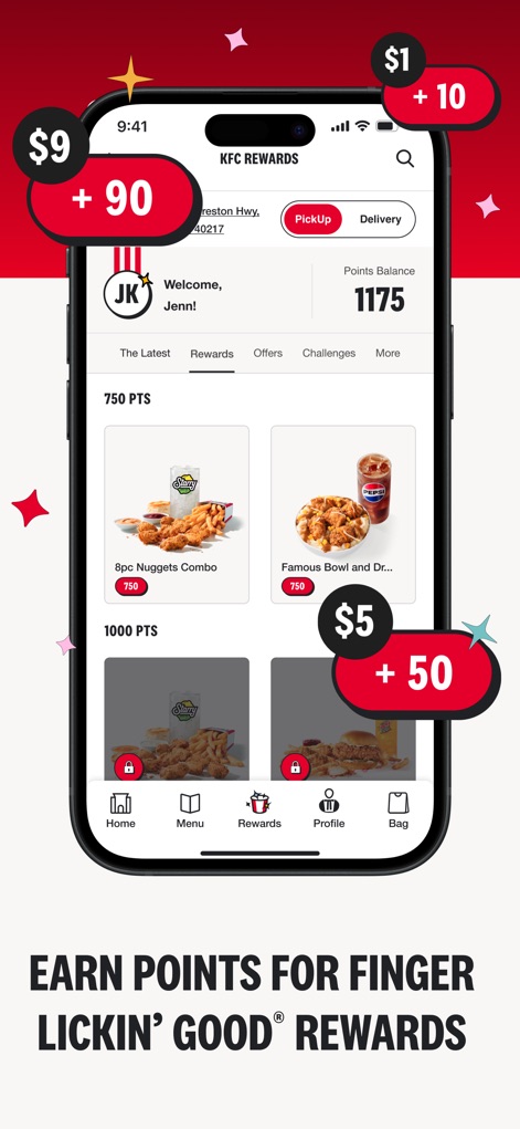 KFC US - Ordering App - The app clearly displays a user's points balance and offers a catalog of free food items available for redemption, such as the 8pc Nuggets Combo and the Famous Bowl.