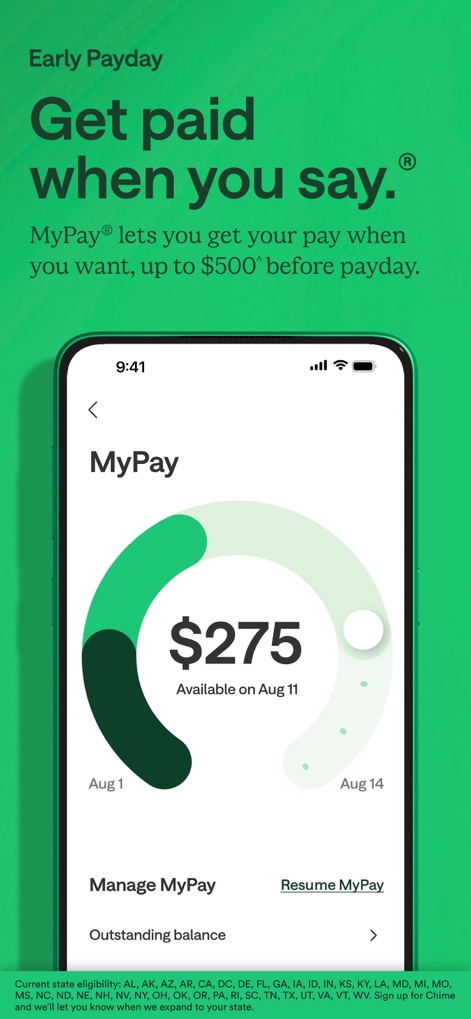 Chime® – Mobile Banking - The app's MyPay feature is highlighted, detailing an available advance amount and a visual timeline for upcoming pay access.