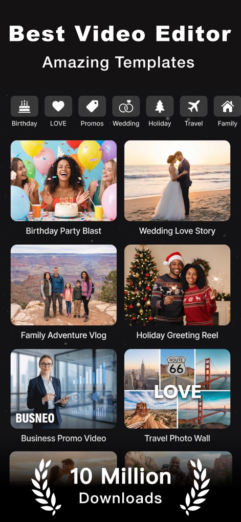 Slideshow Maker - MovieStudio - La pantalla principal de la aplicación presenta una amplia gama de categorías temáticas para videos, como bodas y cumpleaños, y destaca el éxito de la herramienta con una cifra de más de 10 millones de descargas.