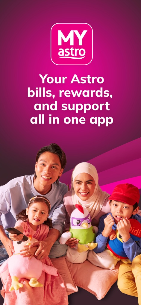 My Astro - Discover how My Astro centralizes services, from its clear brand identity with the "My Astro" logo to the depiction of a happy family enjoying the platform.