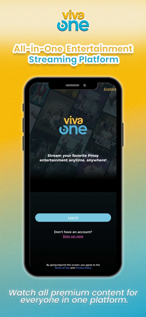 Viva One - Die intuitive Startseite der App präsentiert klare Anmeldeoptionen und einen attraktiven Einblick in die vielfältigen Pinoy-Unterhaltungsinhalte, die zum Streamen bereitstehen.