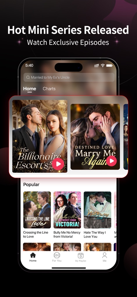 MoboShort - Dramas & Movies - Gli utenti trovano le "Hot Mini Series Released" (mini serie più recenti e popolari) (X) nella schermata Home, che mostra una selezione curata di nuovi titoli con copertine invitanti come "The Billionaire's Escort" e "Destined Love: Marry Me Again" (Y).