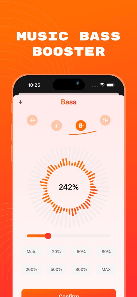 Musiup: Mp3 Music Player EQ - La aplicación ofrece una mejora significativa del sonido, destacando su interfaz de potenciador de graves que muestra un aumento porcentual (ej. 242%) y botones preestablecidos para un control preciso.